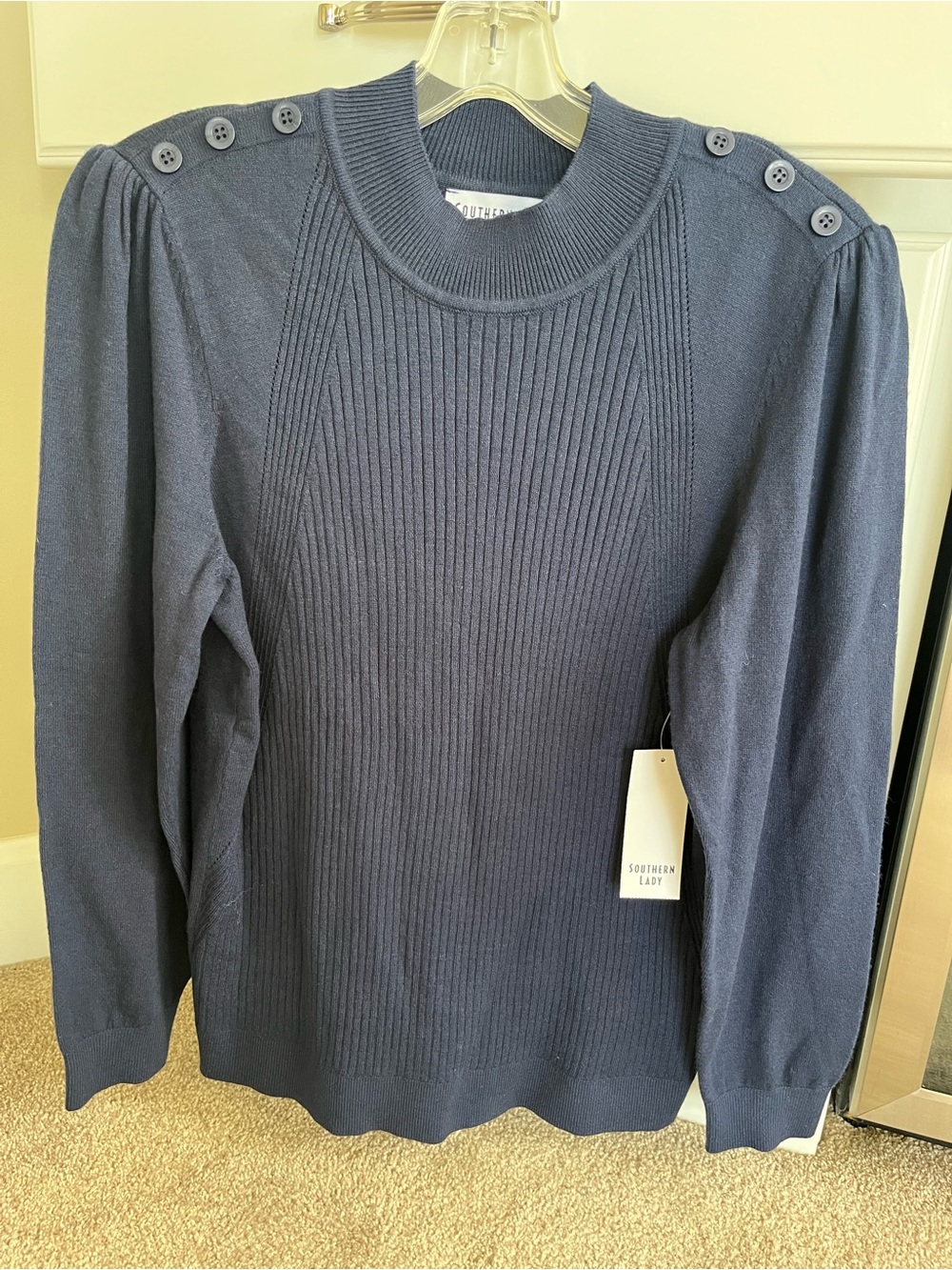 Southern Lady Navy Rib-Knit Crewneck Sweater Shoulder Buttons Small Brand New
